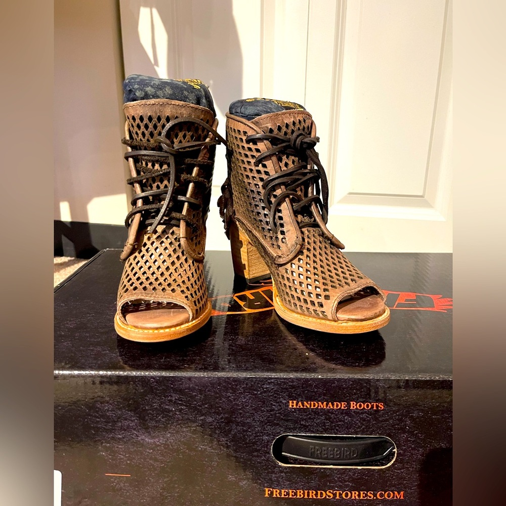 Leather open toe booties, Freebird by Steven. New and never worn before.